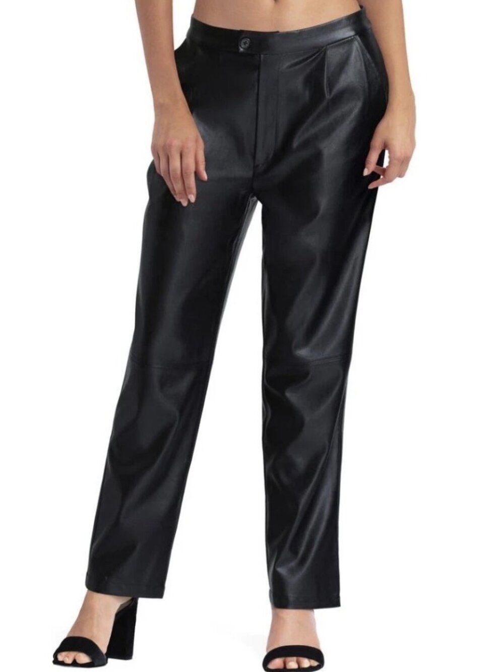 Halston Black Faux Leather Pants XL Straight Leg High‎ Rise Ankle Minimalist NWT